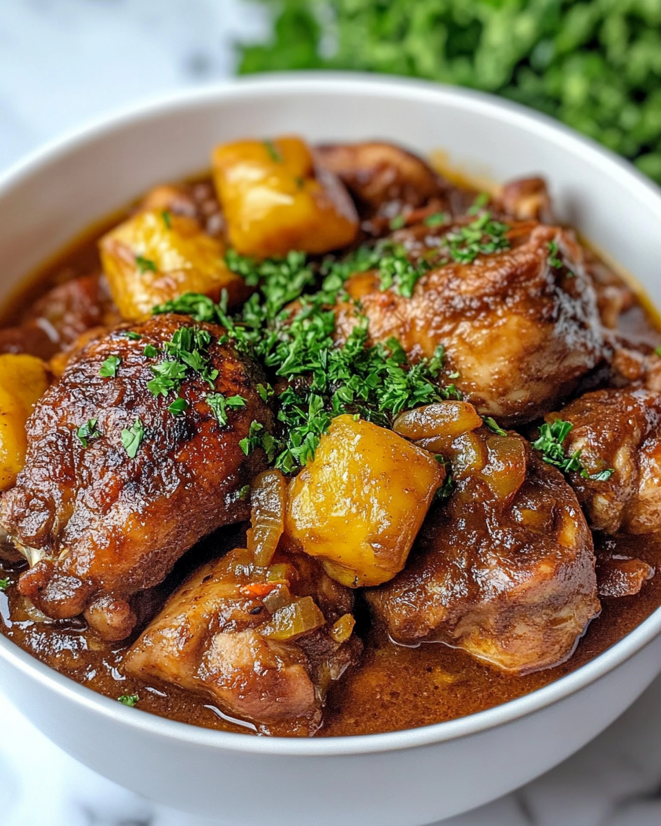 Serving of Jamaican curry chicken with rice and scallions