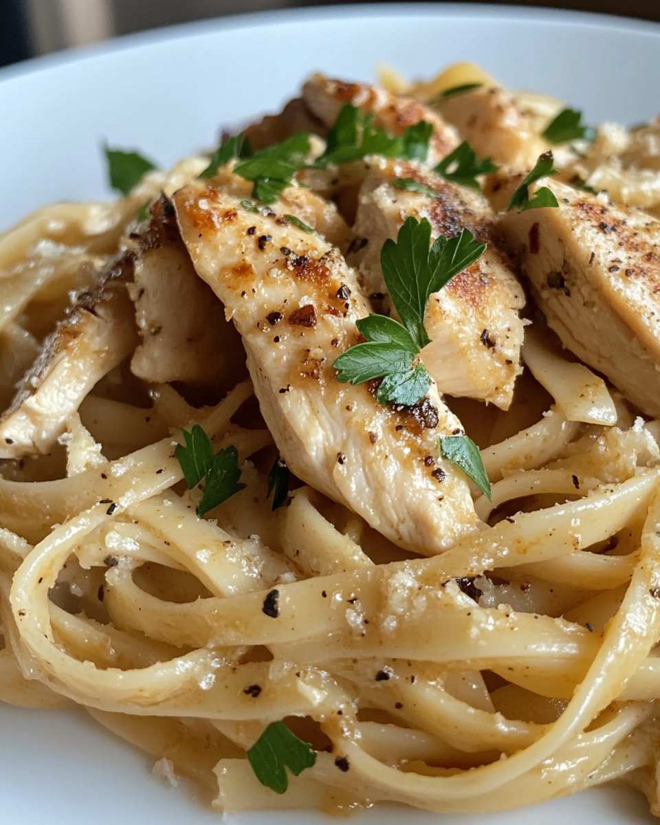 Final plated Cajun Chicken and Garlic Parmesan Linguine ready to serve