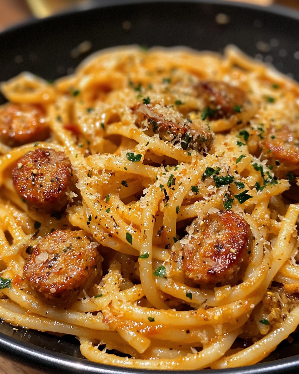 Served Cajun Sausage Pasta plated with garnish