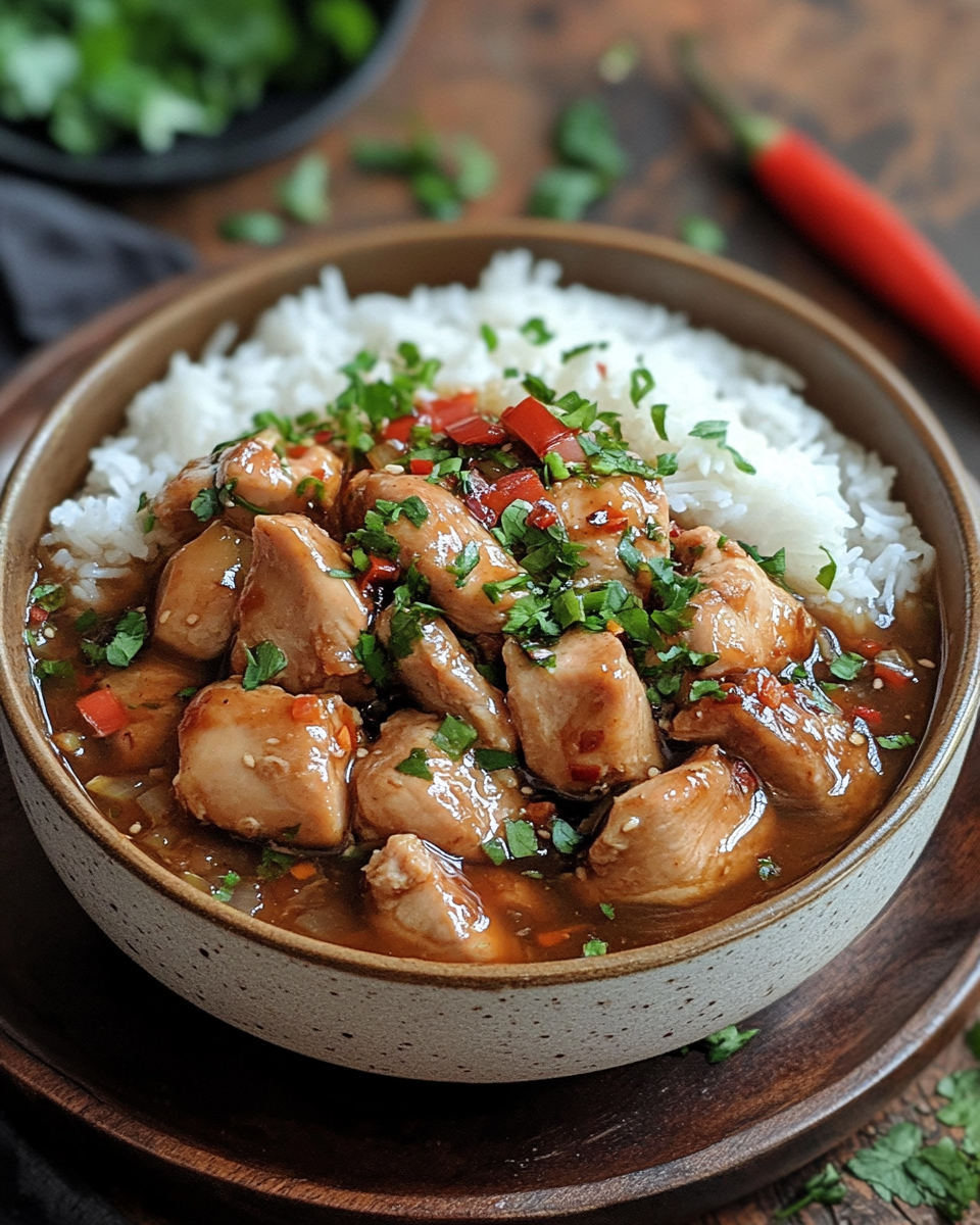 Caramelised soy chicken in garlic ginger broth