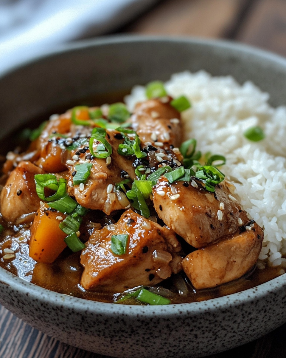 Close up of caramelised soy chicken in garlic ginger broth with rice