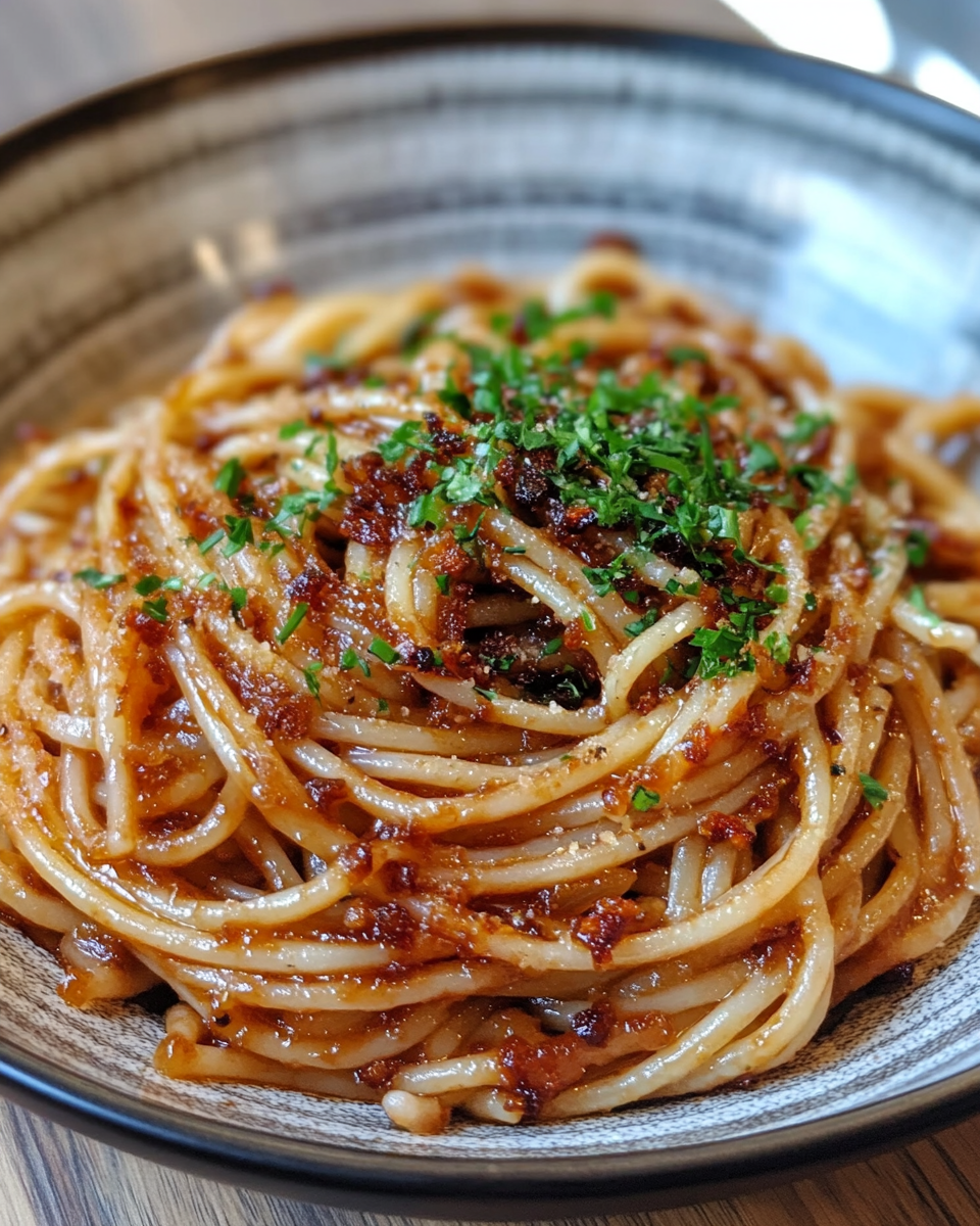 Creamy French onion steak pasta served warm