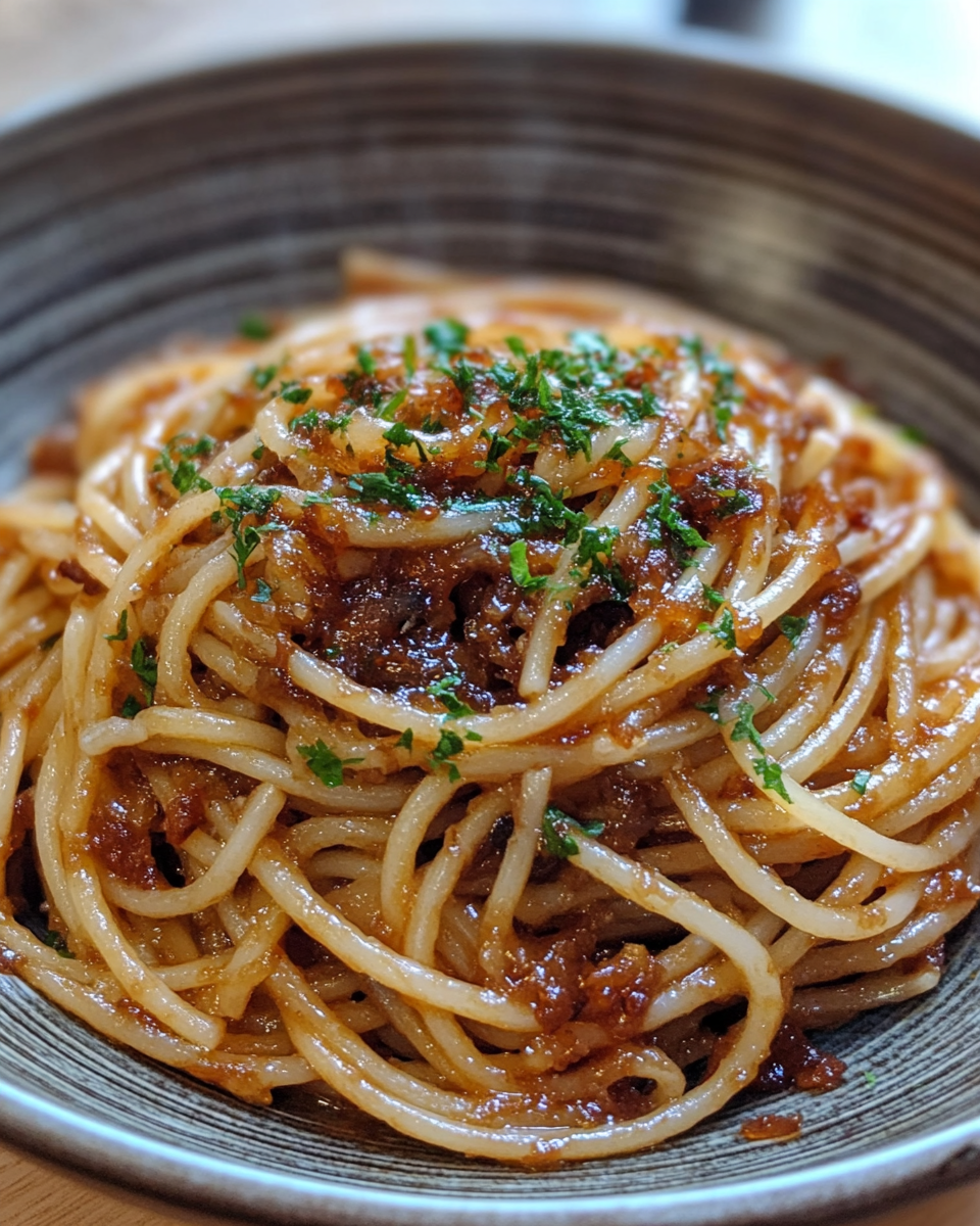 Caramelized onion pasta with chili oil in a bowl
