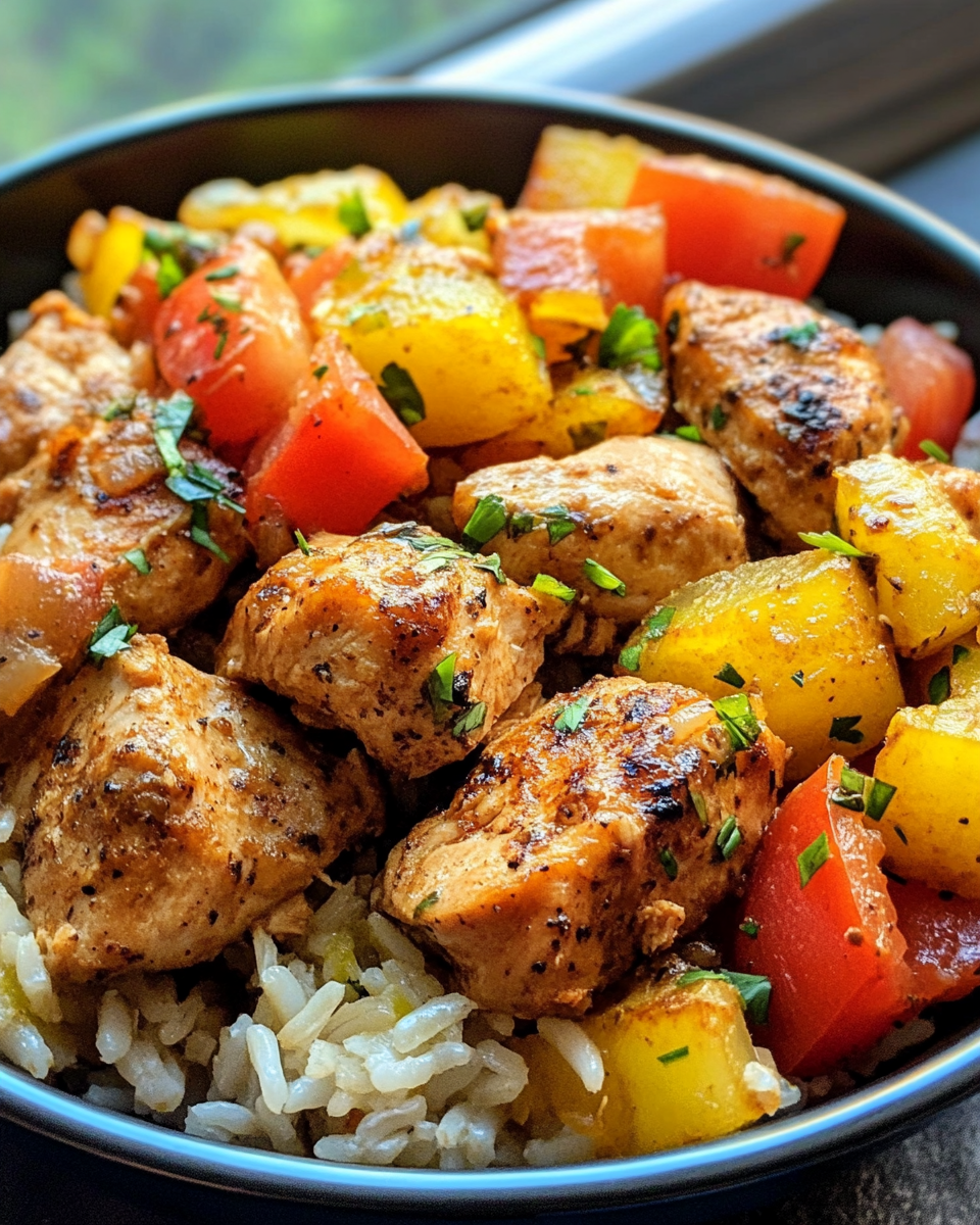 Finished Tropical Jerk Chicken Rice Bowl ready to serve