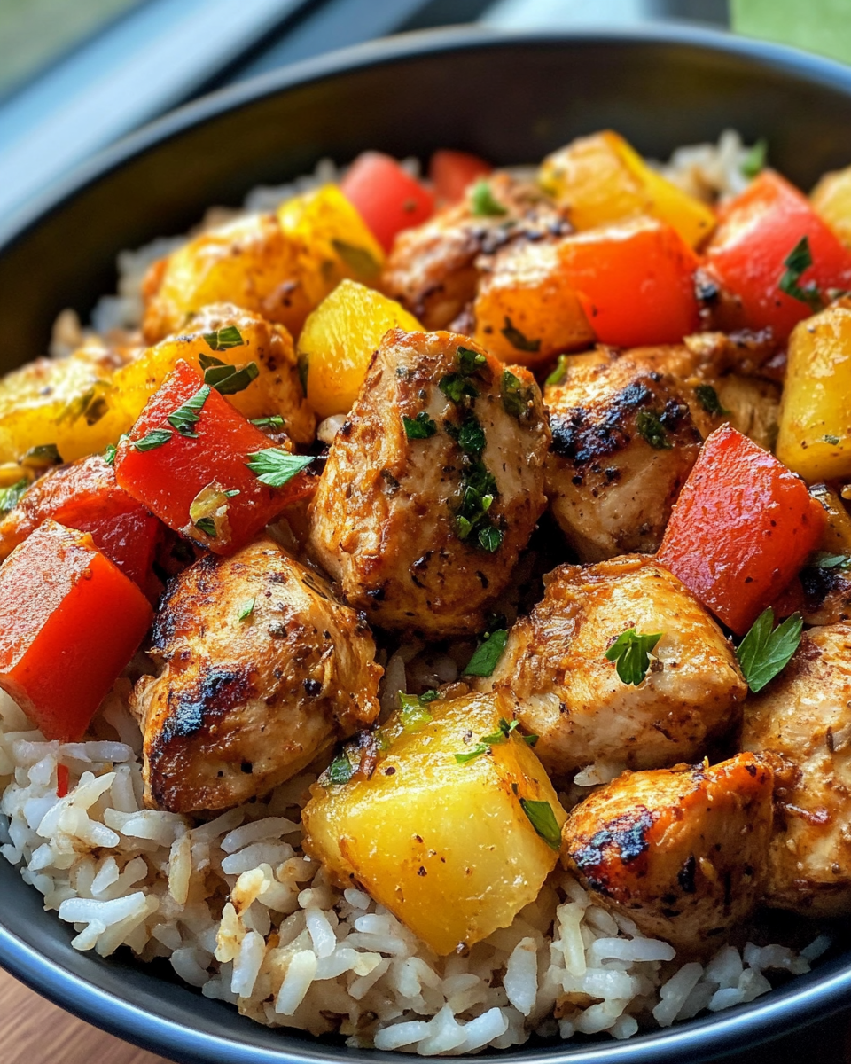 Tropical Jerk Chicken Rice Bowl served in a bowl with fresh fruits and sauces