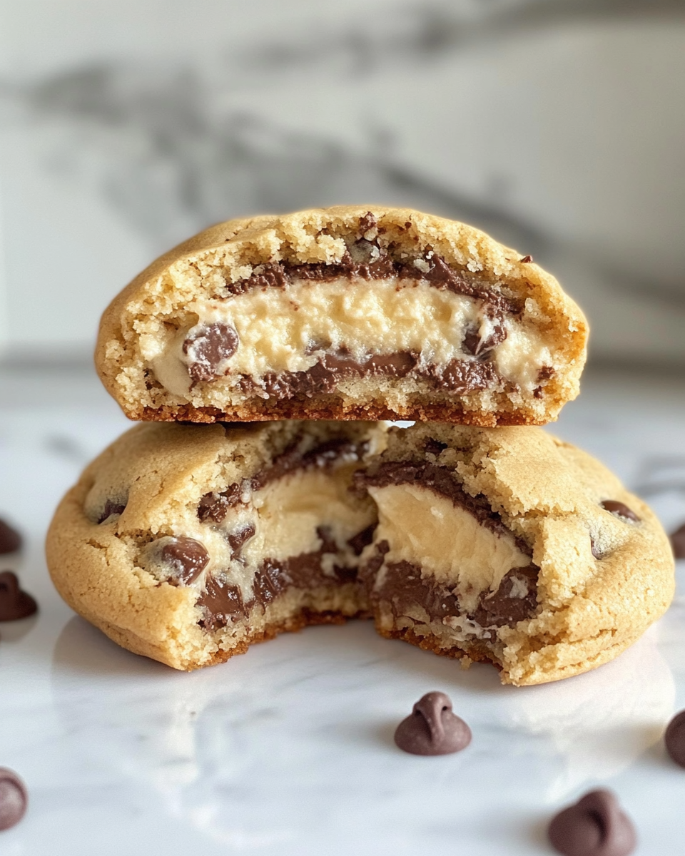 Cheesecake stuffed chocolate chip cookies on a plate