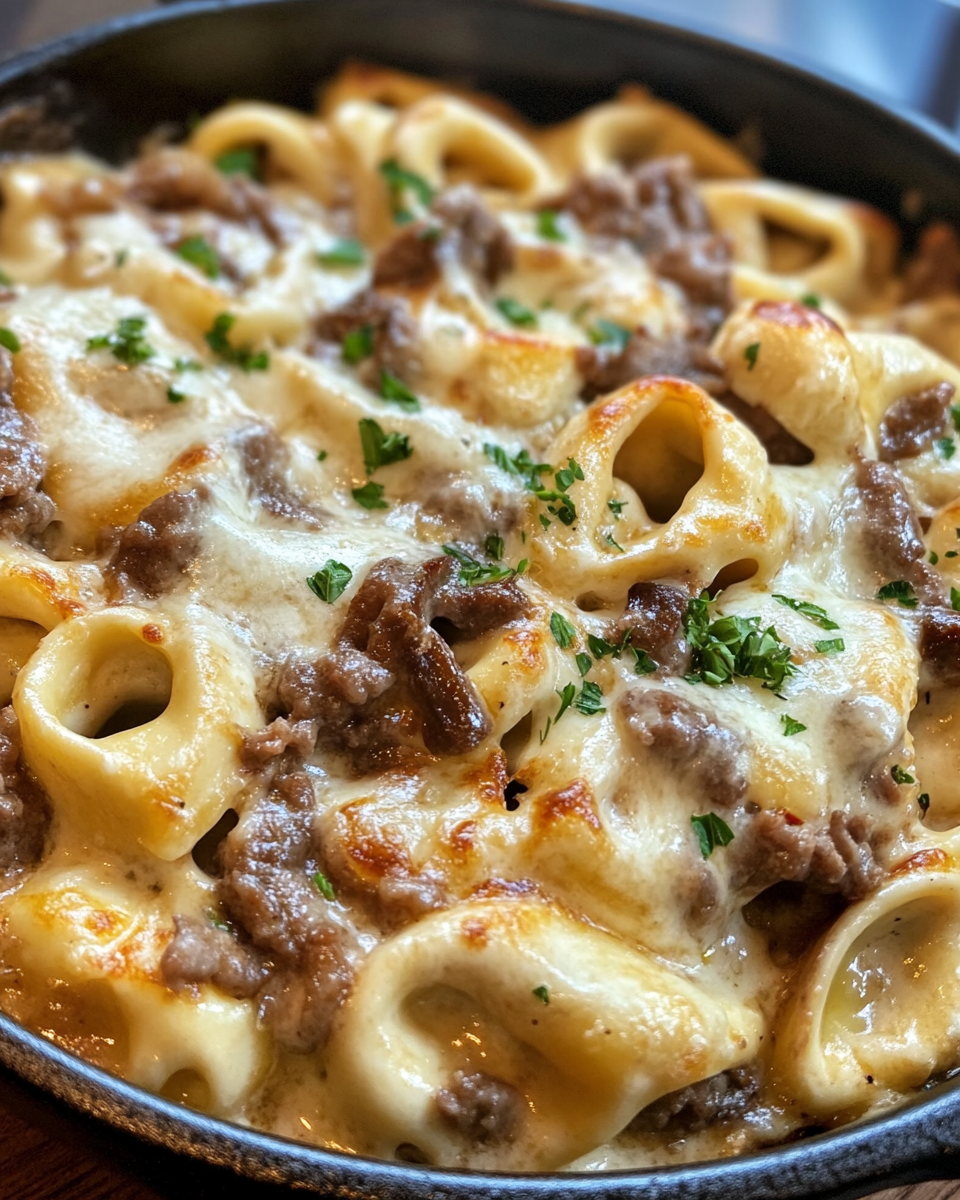 Served Cheesesteak Tortellini fresh from pot