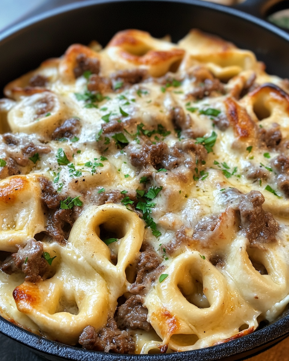 Cheesesteak Tortellini in rich provolone sauce