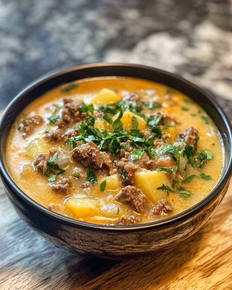 Creamy cheesy soup served in a bowl with garnish