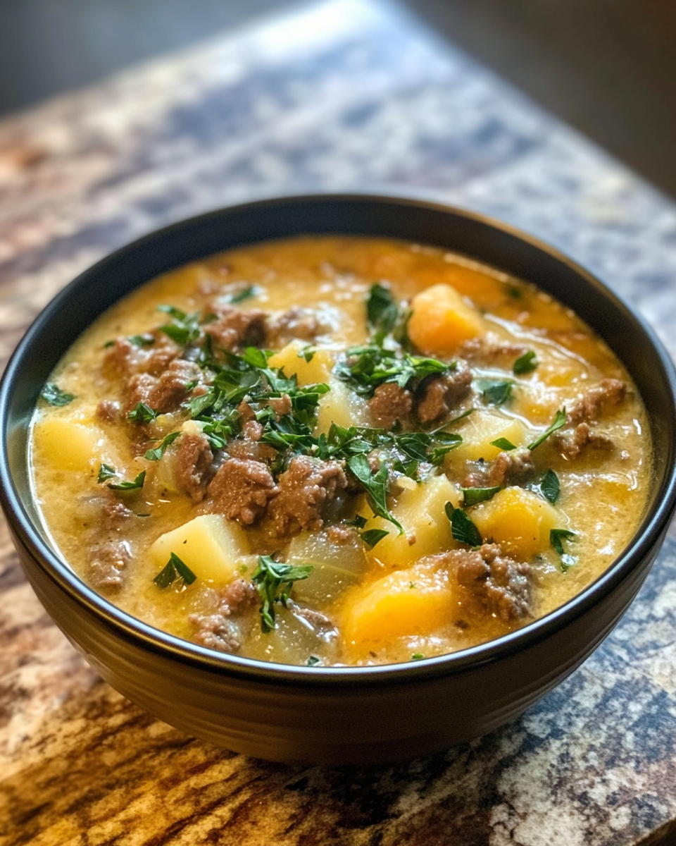 Cheesy beef potato soup in a bowl