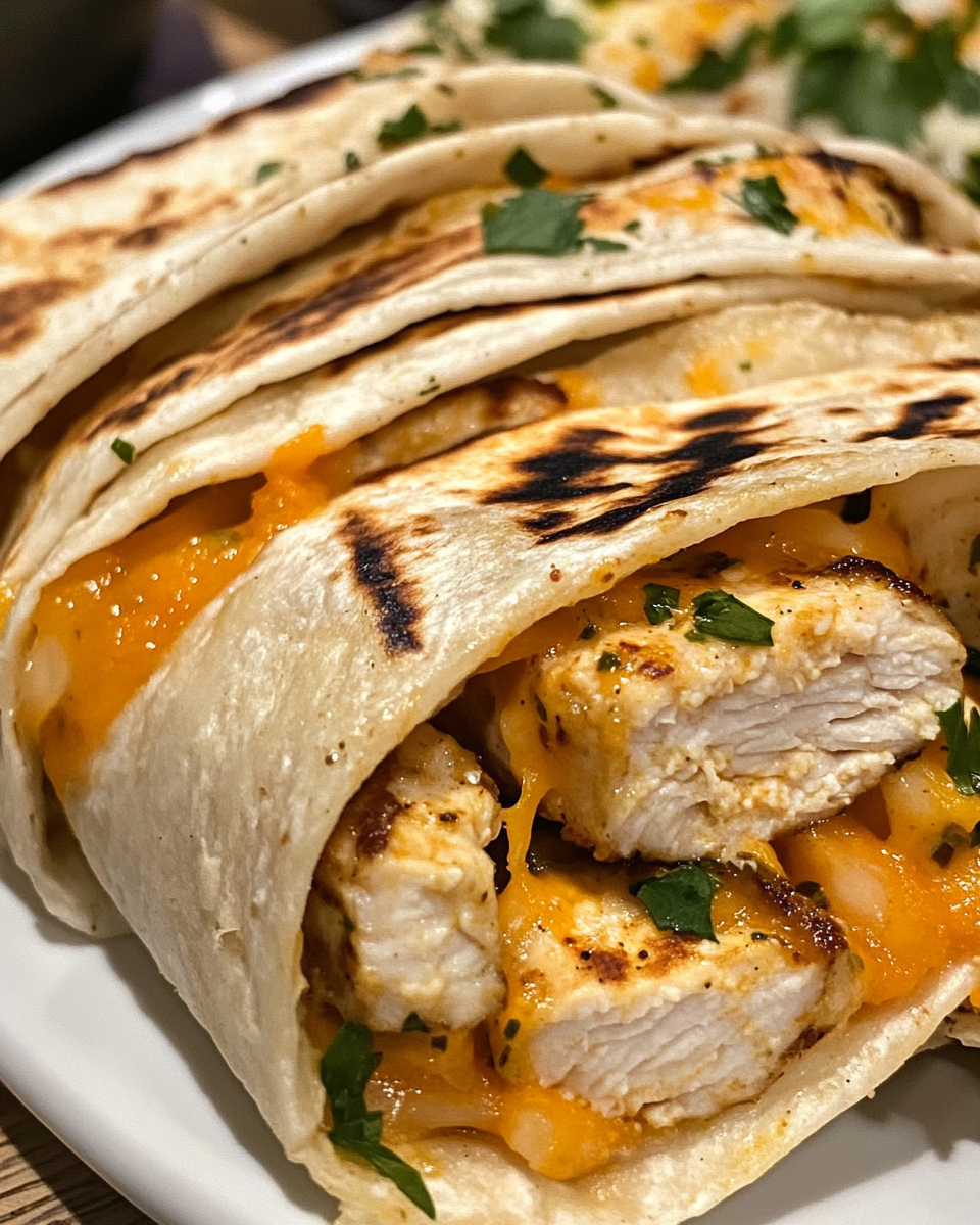 Baked cheesy garlic chicken wraps golden brown on baking sheet