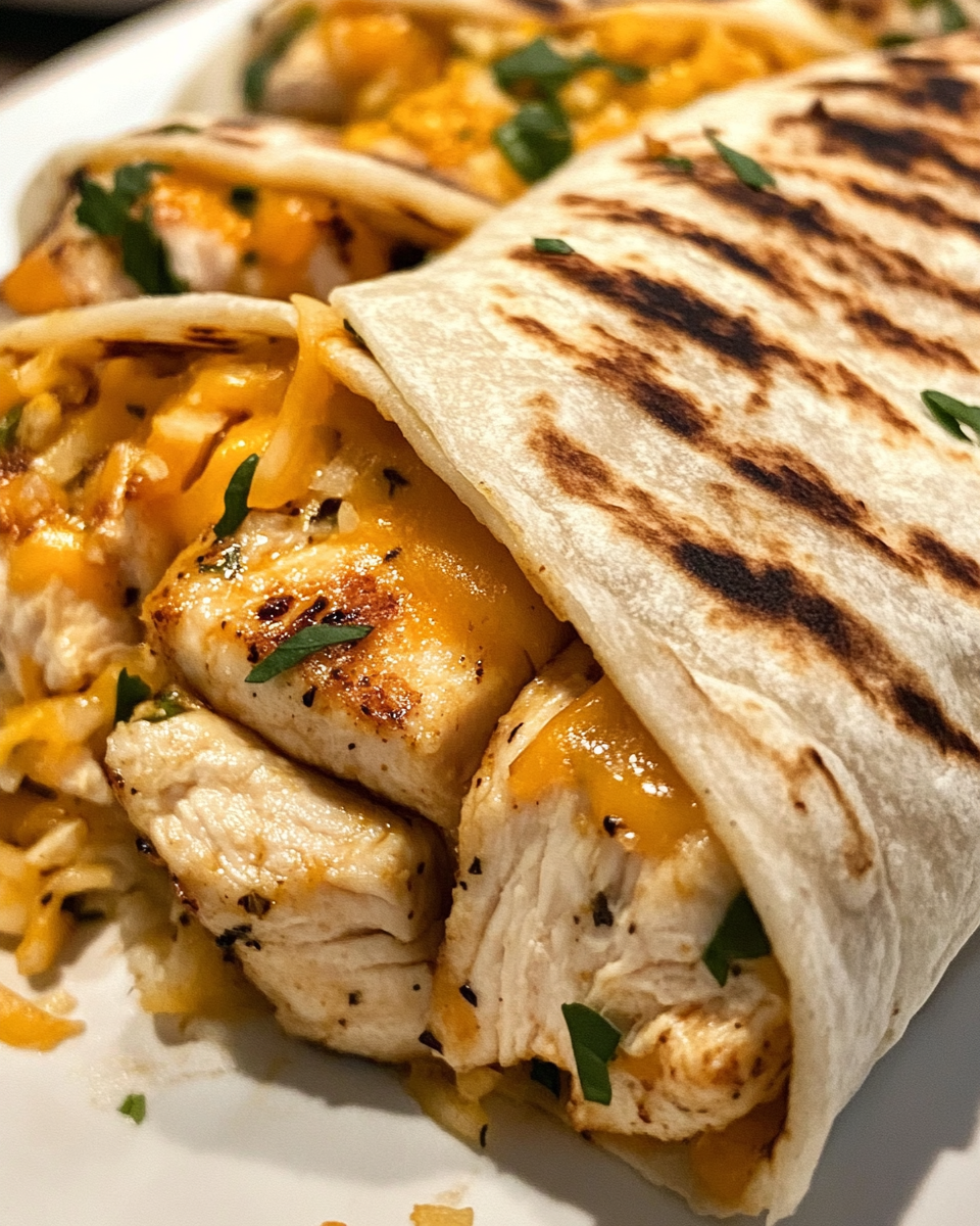 Close up of cheesy garlic chicken wrap cross section showing melty cheese