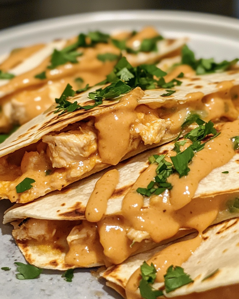 Cheesy hot honey chicken quesadillas with spicy jalapeño cream sauce