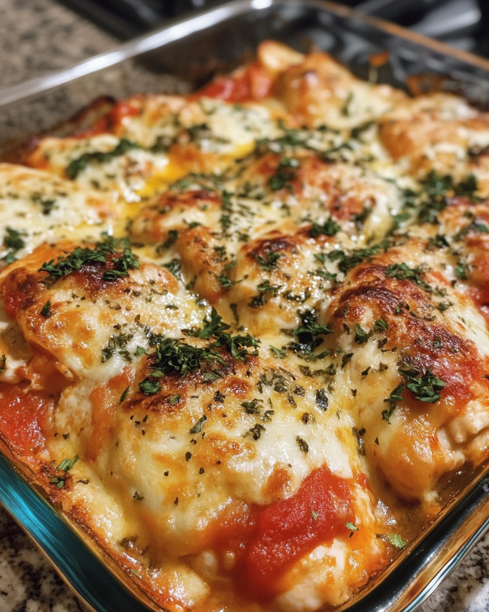 Final cheesy mozzarella chicken bake ready to serve