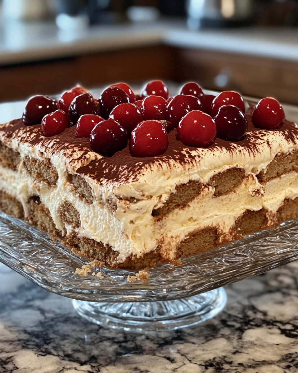 Ingredients and layers of Cherry Amaretto Tiramisu