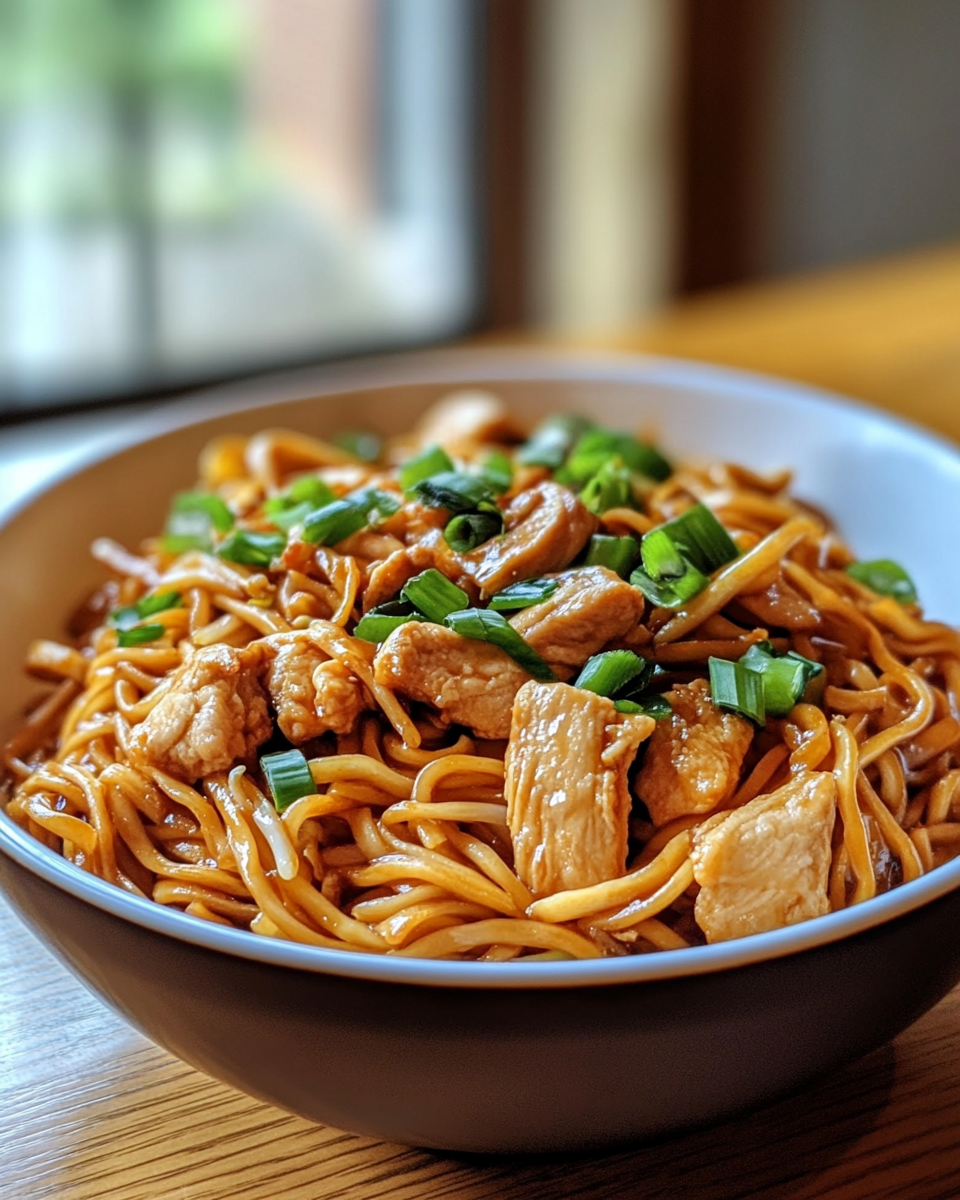 Served chicken chow mein with colorful vegetables on a plate