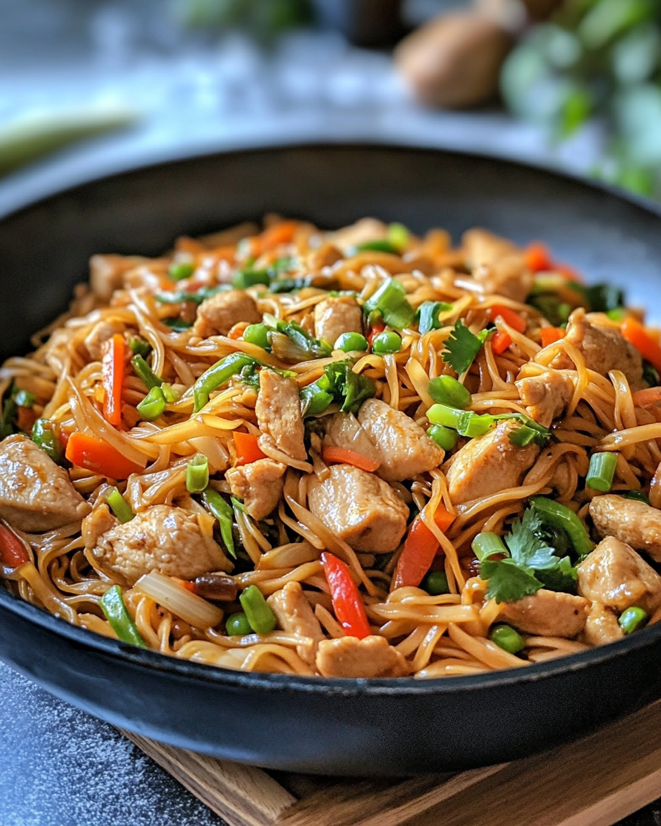 Finished chicken chow mein served hot