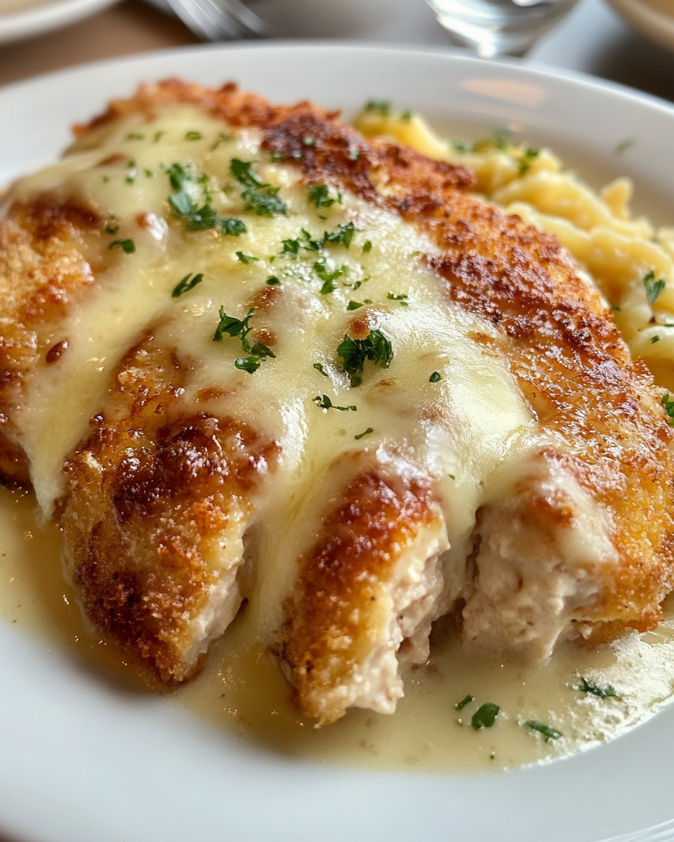 Sliced chicken cordon bleu showing melted cheese