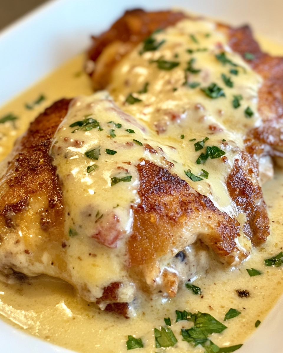 Close-up of chicken cordon bleu with cheese sauce