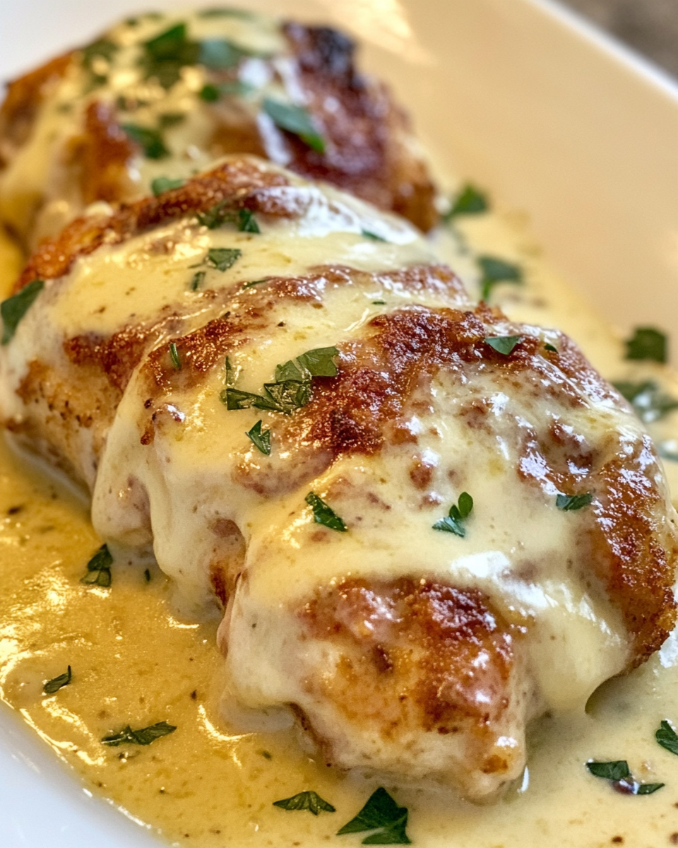 Chicken cordon bleu with Swiss cheese sauce