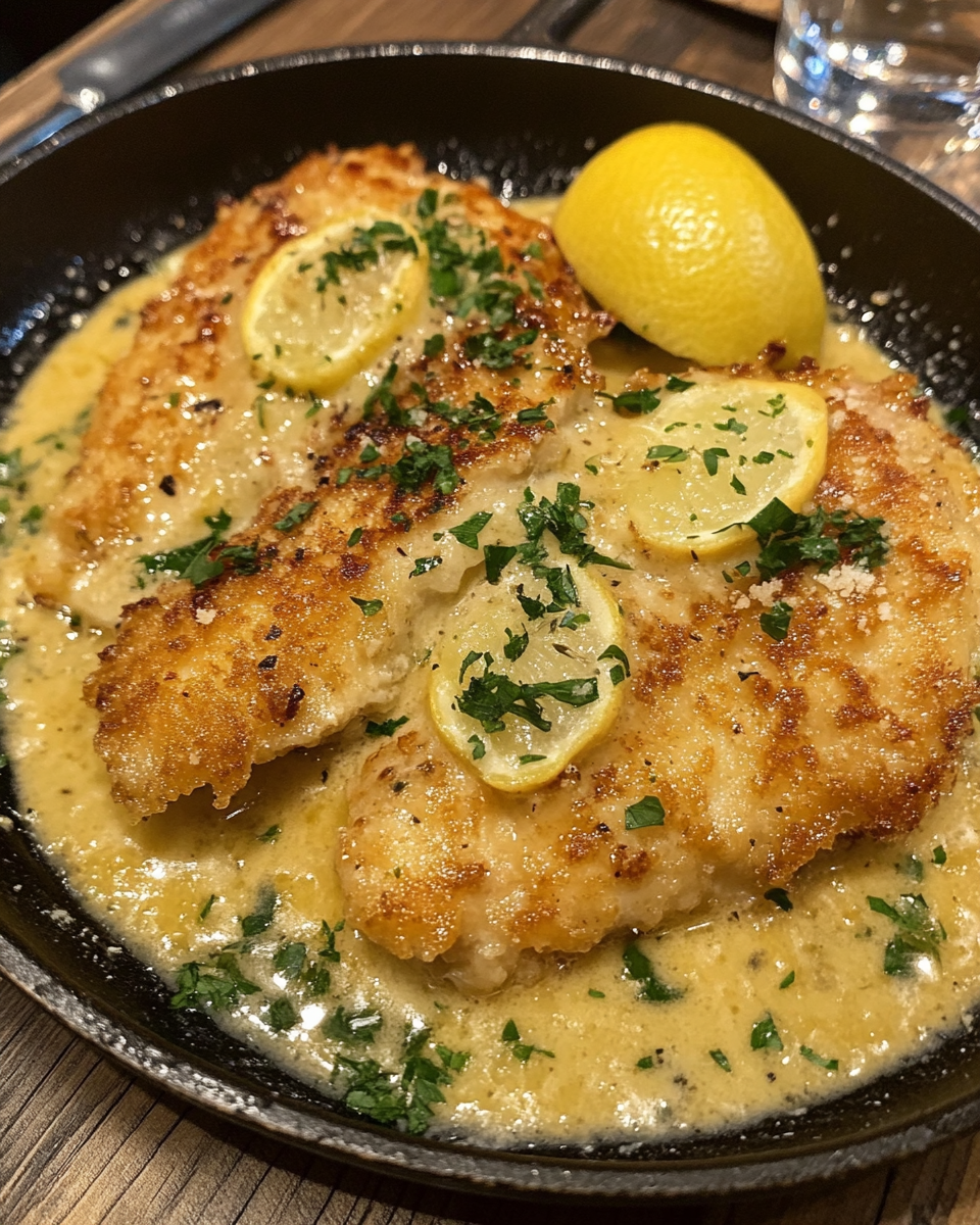 Ingredients for chicken francese meal with chicken breasts and lemon slices