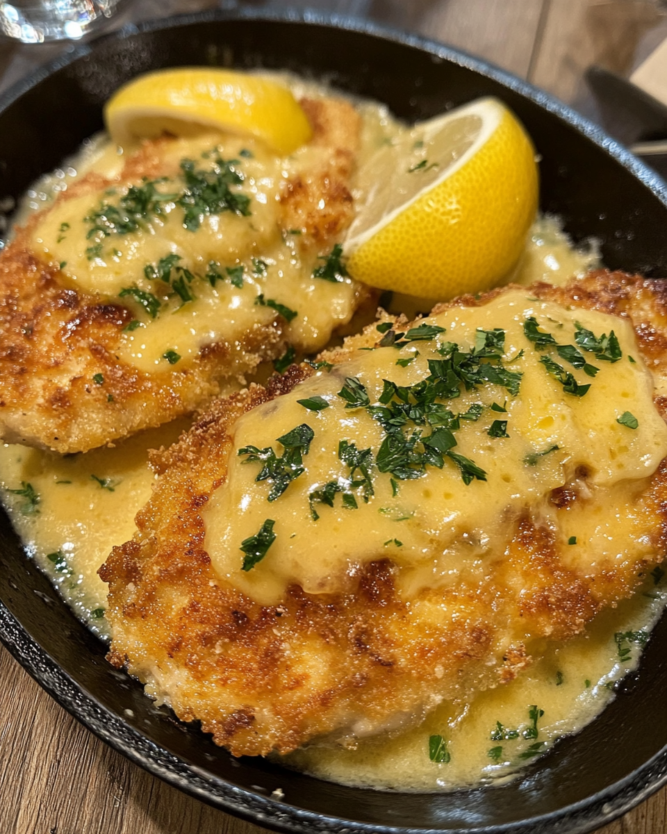 Finished chicken francese plated with sauce and garnish