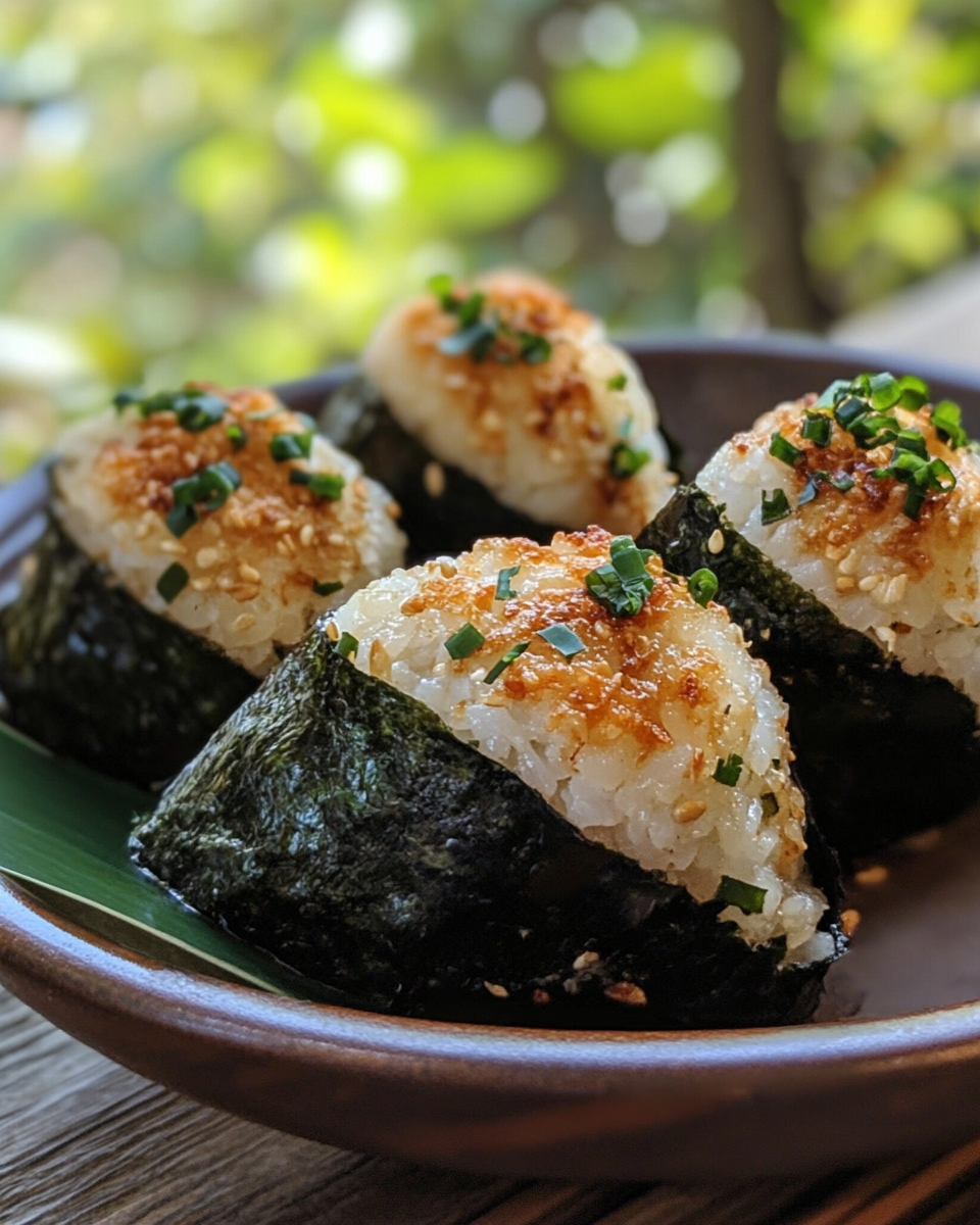 Chicken onigiri wrapped in nori strips