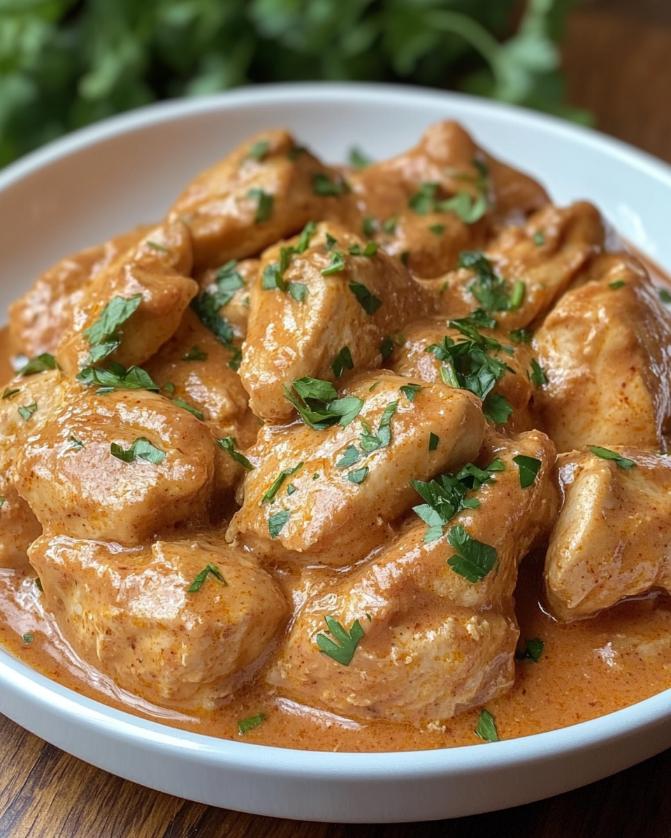 Plate with cooked chicken thighs and fresh basil garnish