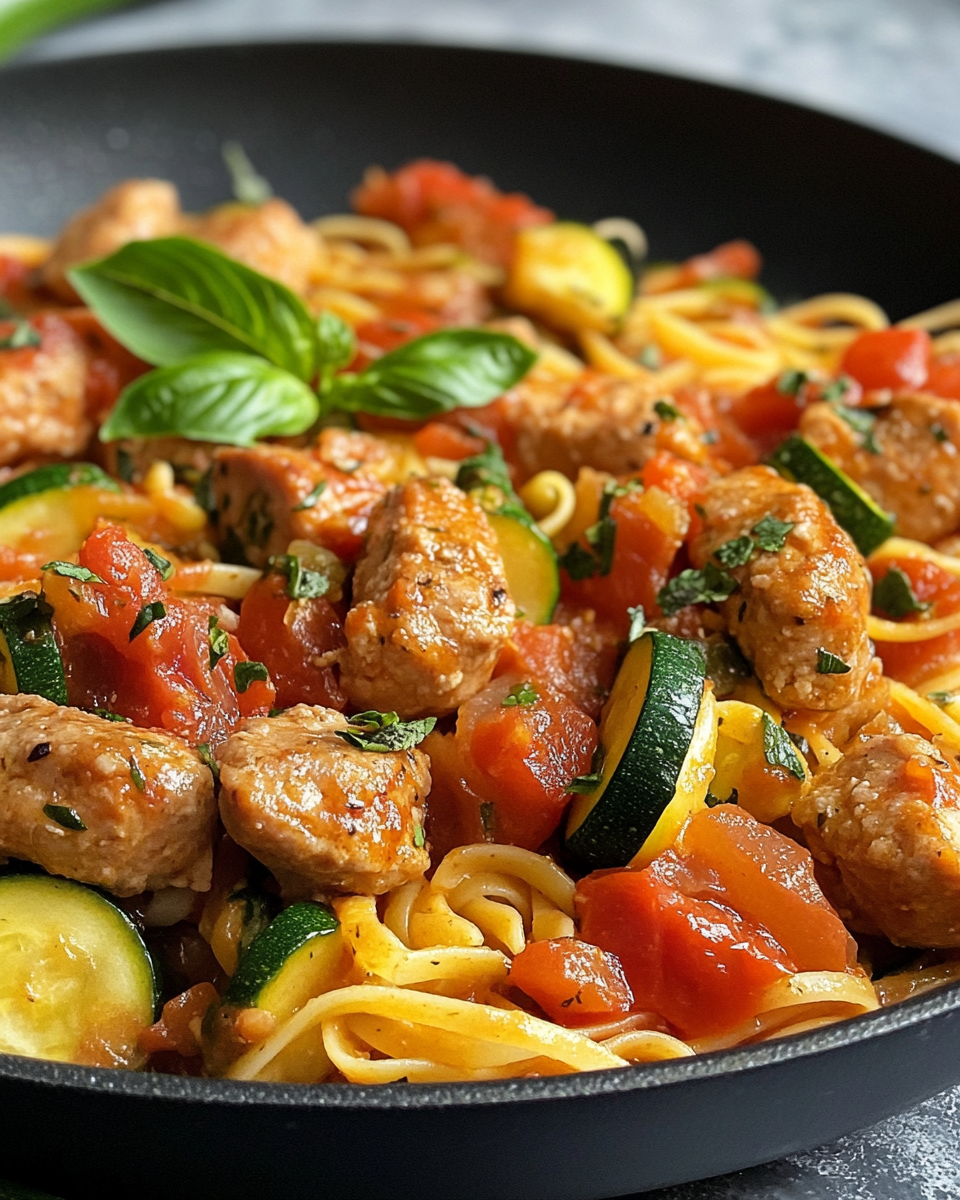Finished chicken sausage pasta meal garnished with scallions