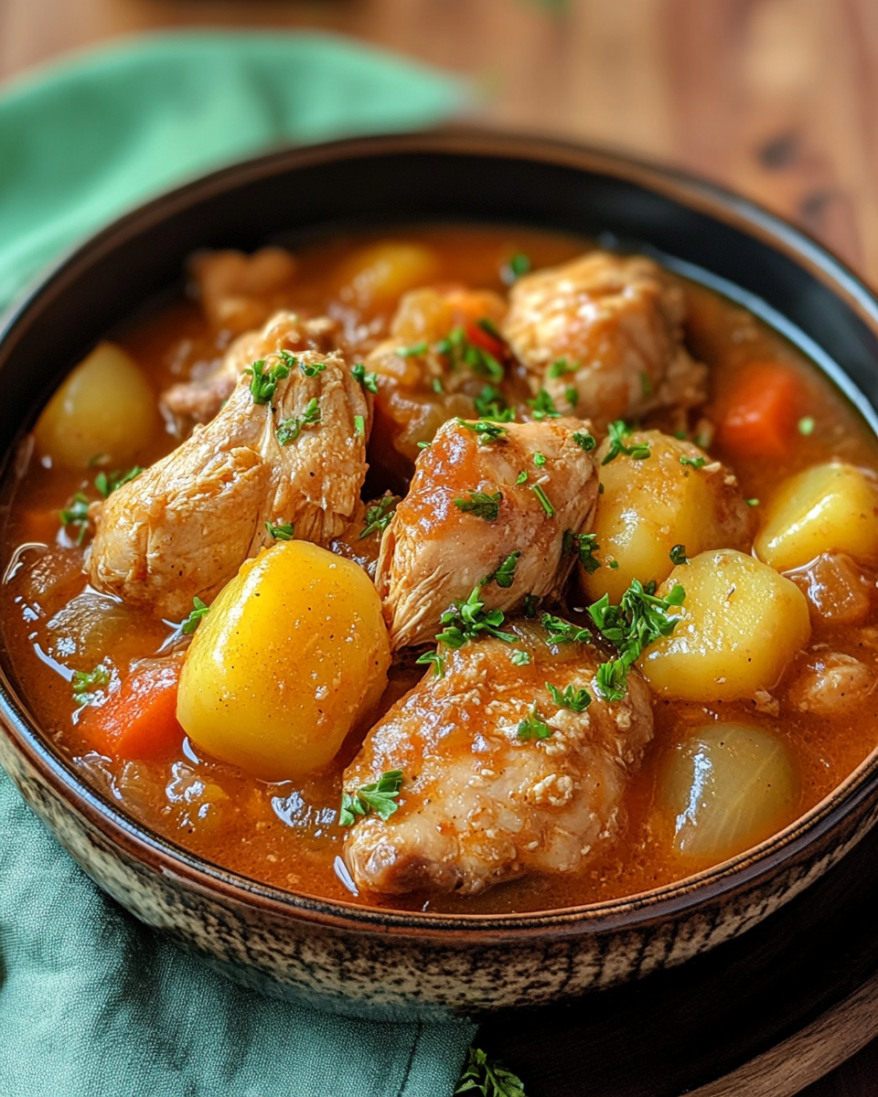 Bowl of chicken stew garnished with fresh parsley