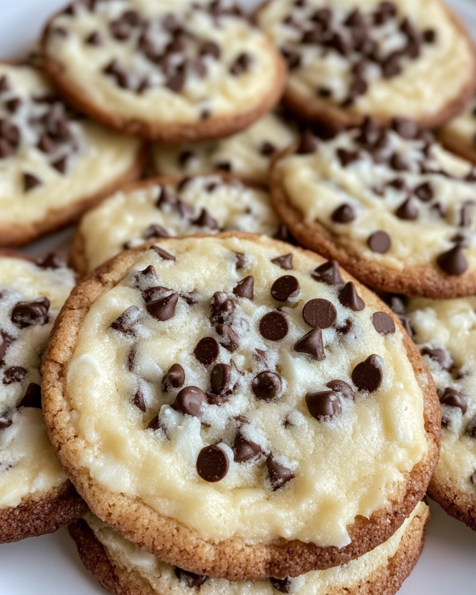 Close up of Chocolate Chip Cheesecake Cookies showing texture and chocolate
