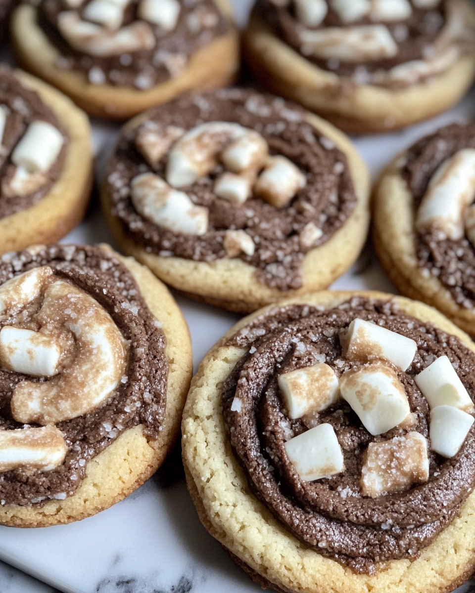 Fresh chocolate marshmallow swirl cookies arranged on a plate