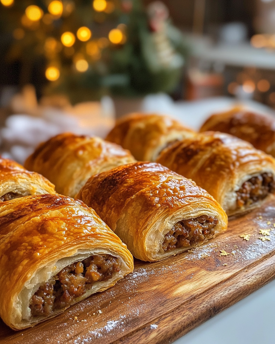 Close-up of golden brown sausage rolls fresh from the oven