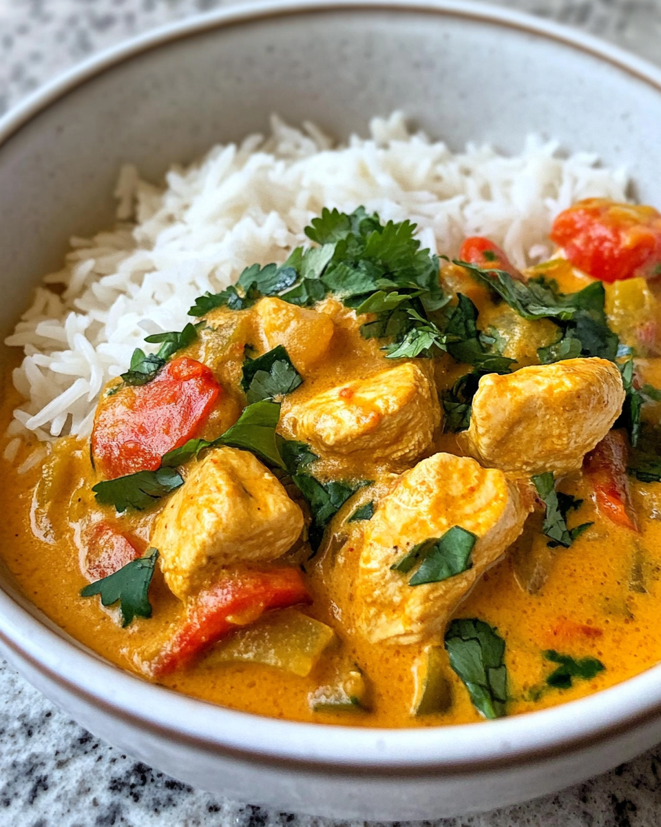 Finished coconut curry chicken served with rice