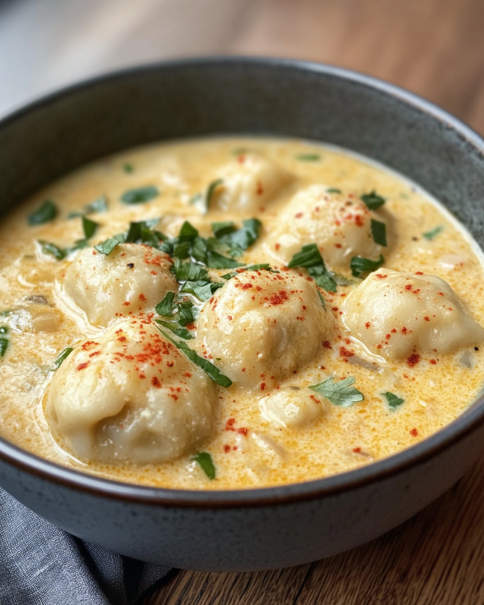 Coconut curry soup with dumplings steaming in a pot