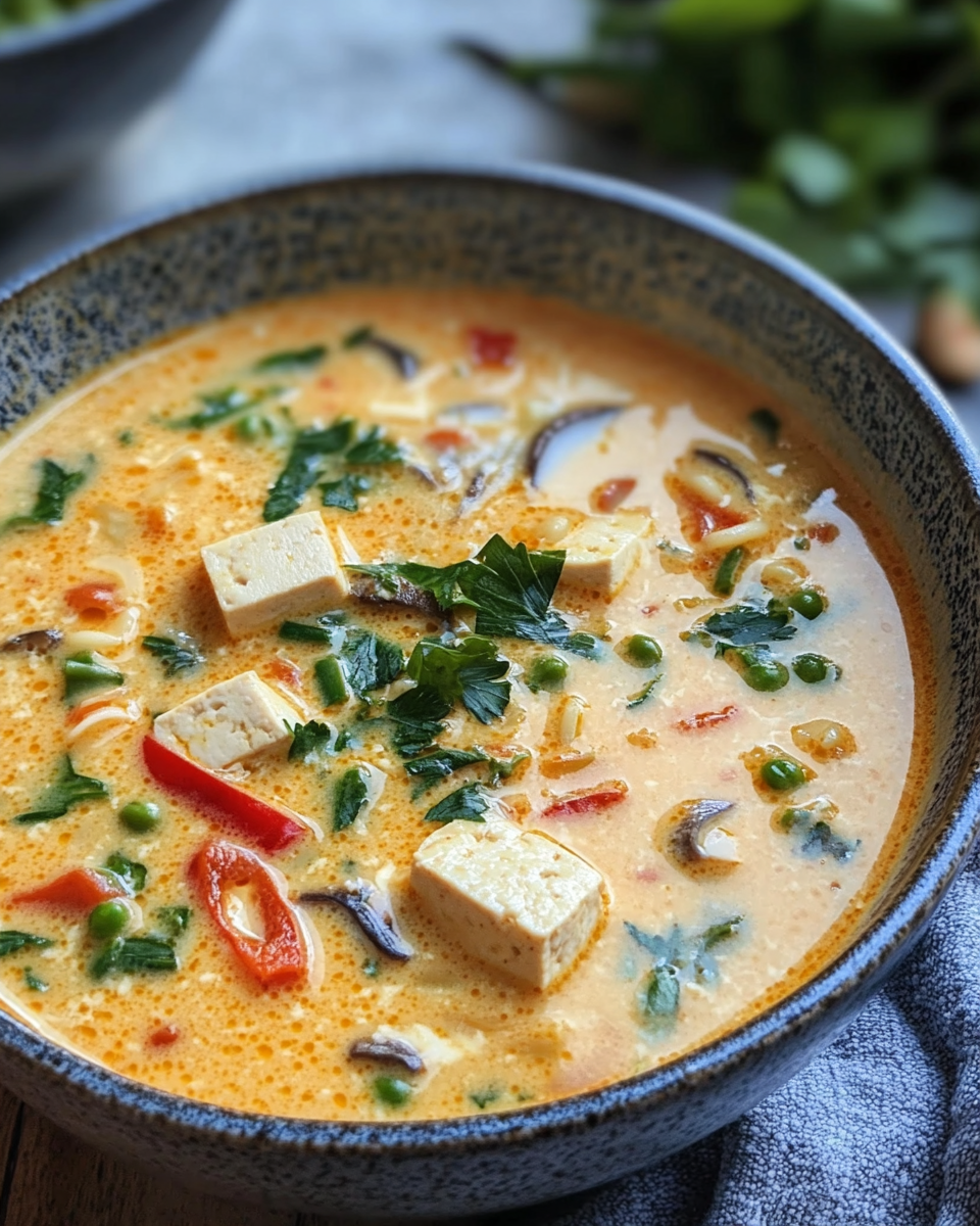 Vegan sour cream and fresh cilantro topping vegan coconut tofu soup