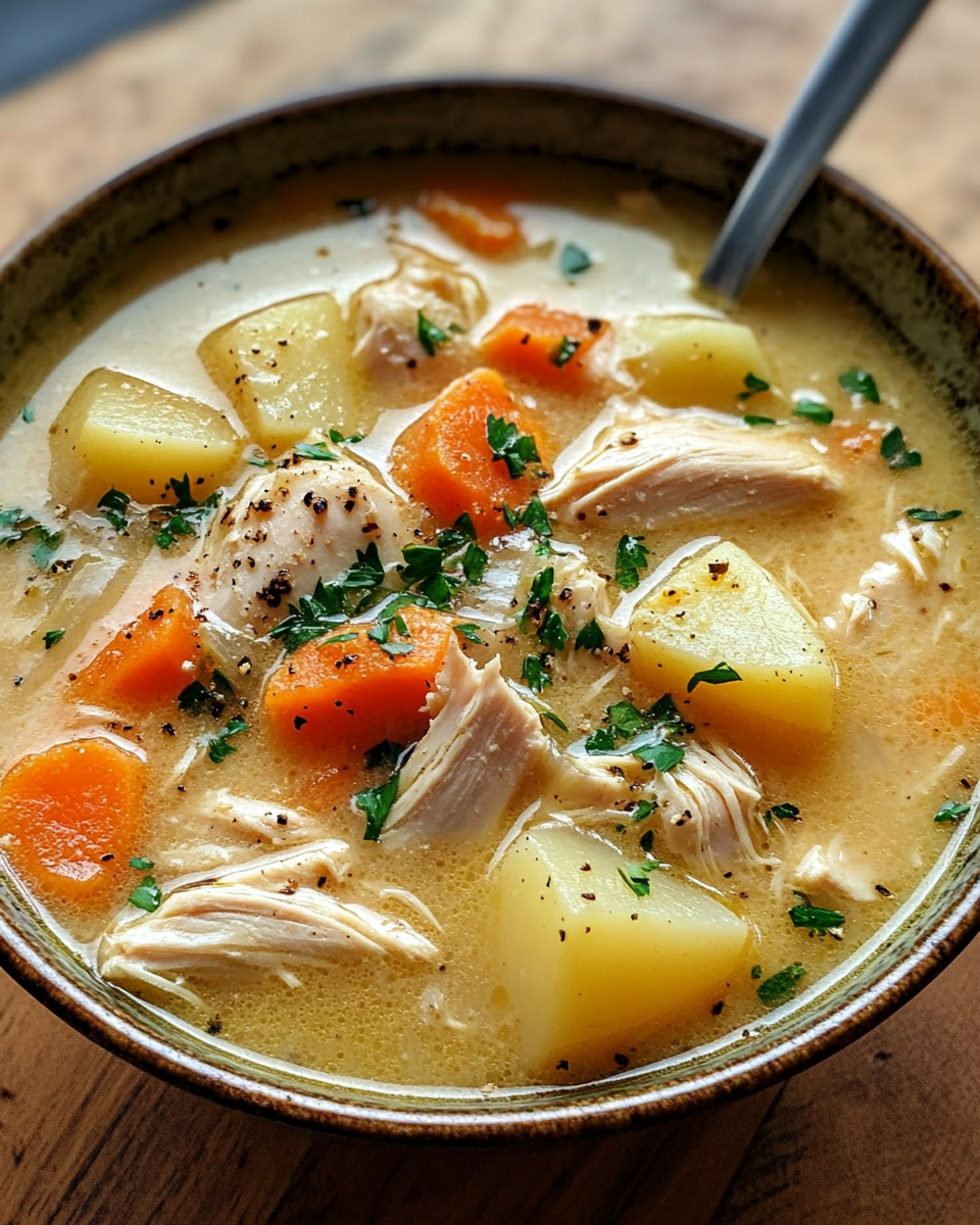 A bowl of homemade chicken potato soup