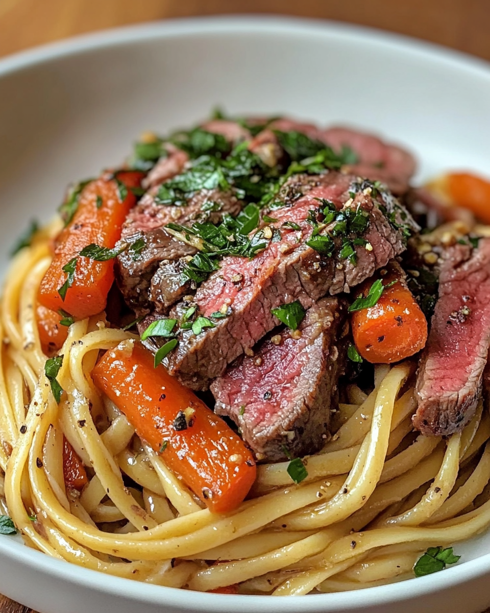 Close-up of cowboy butter steak linguine with roasted carrots