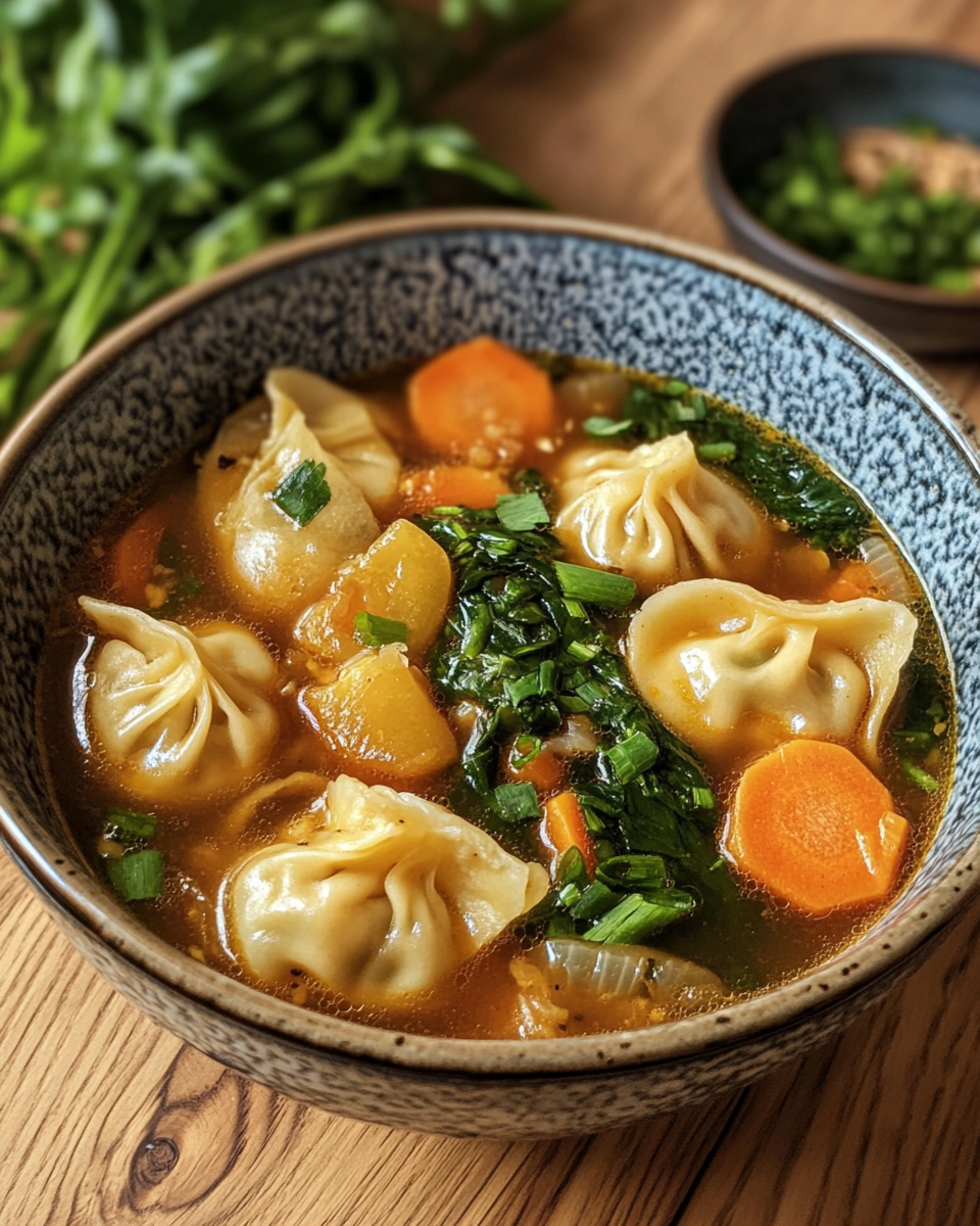 Serving potsticker soup with garnishes