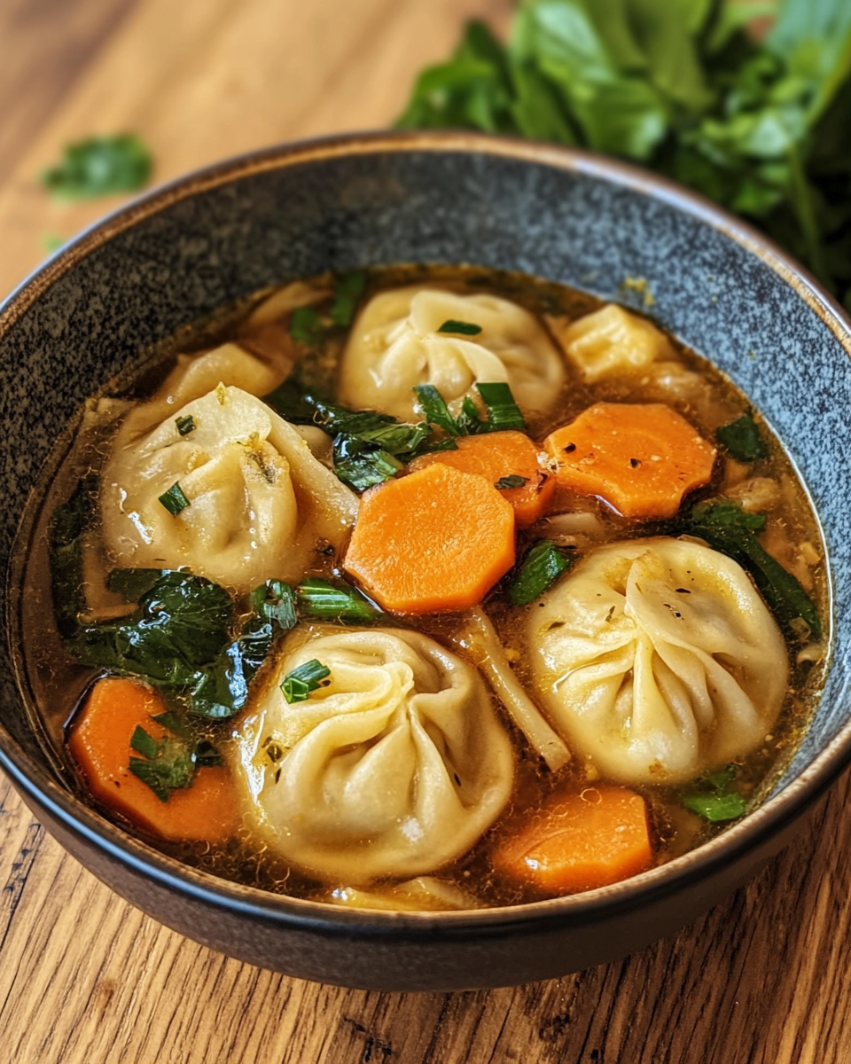 Close up of dumpling soup with carrots and spinach