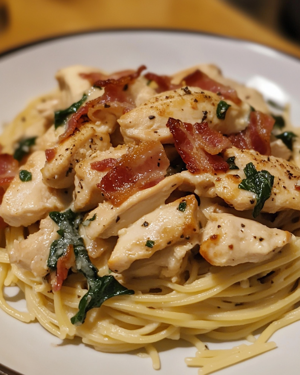 Creamy chicken bacon pasta serving close-up