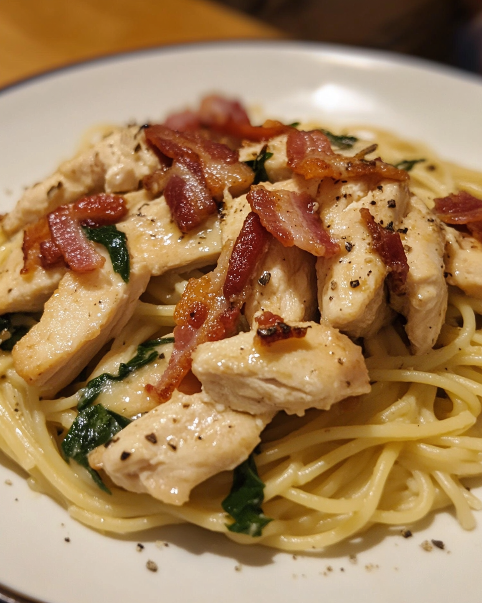 Cooked creamy chicken bacon pasta in bowl