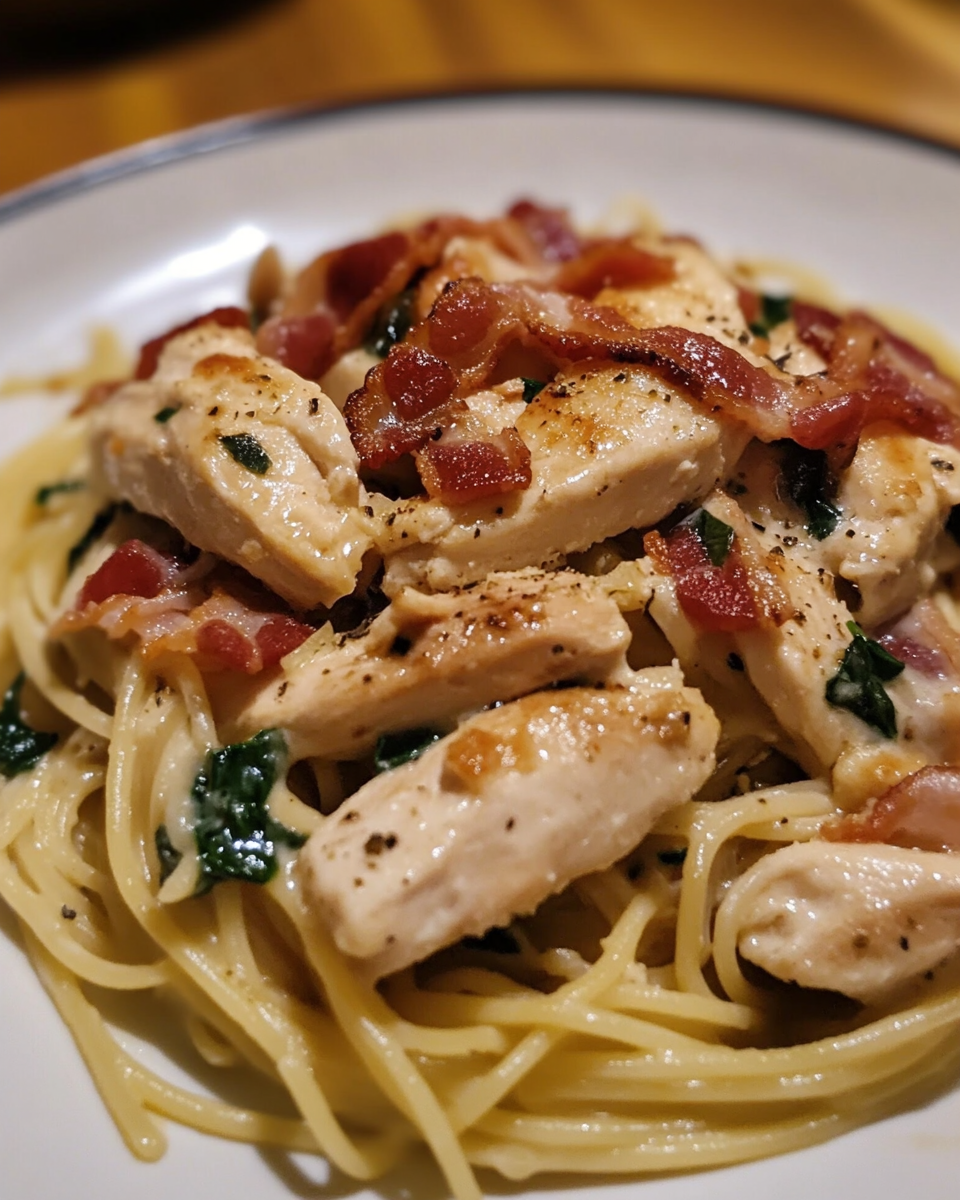 Cream cheese bacon chicken pasta close-up