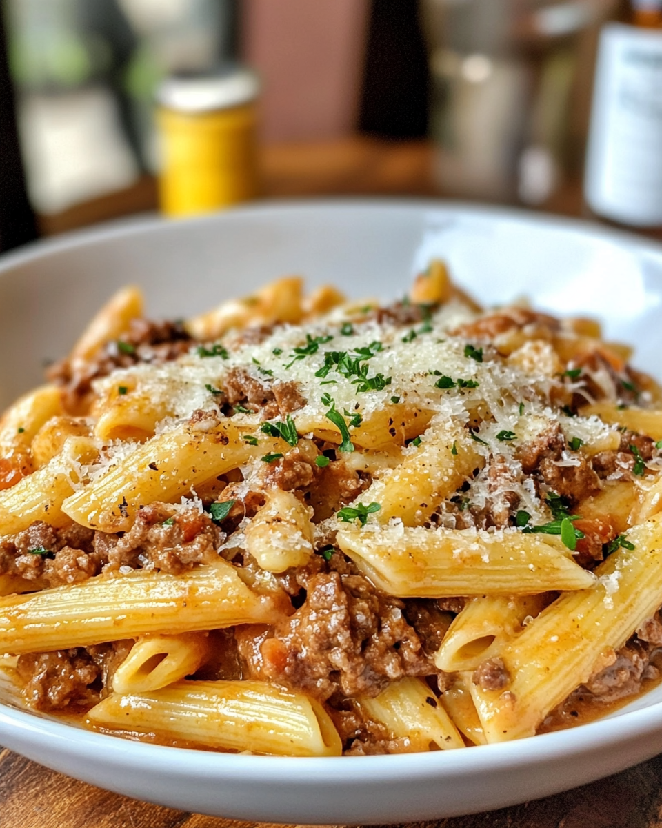 Ingredients and setup for creamy beef pasta recipe