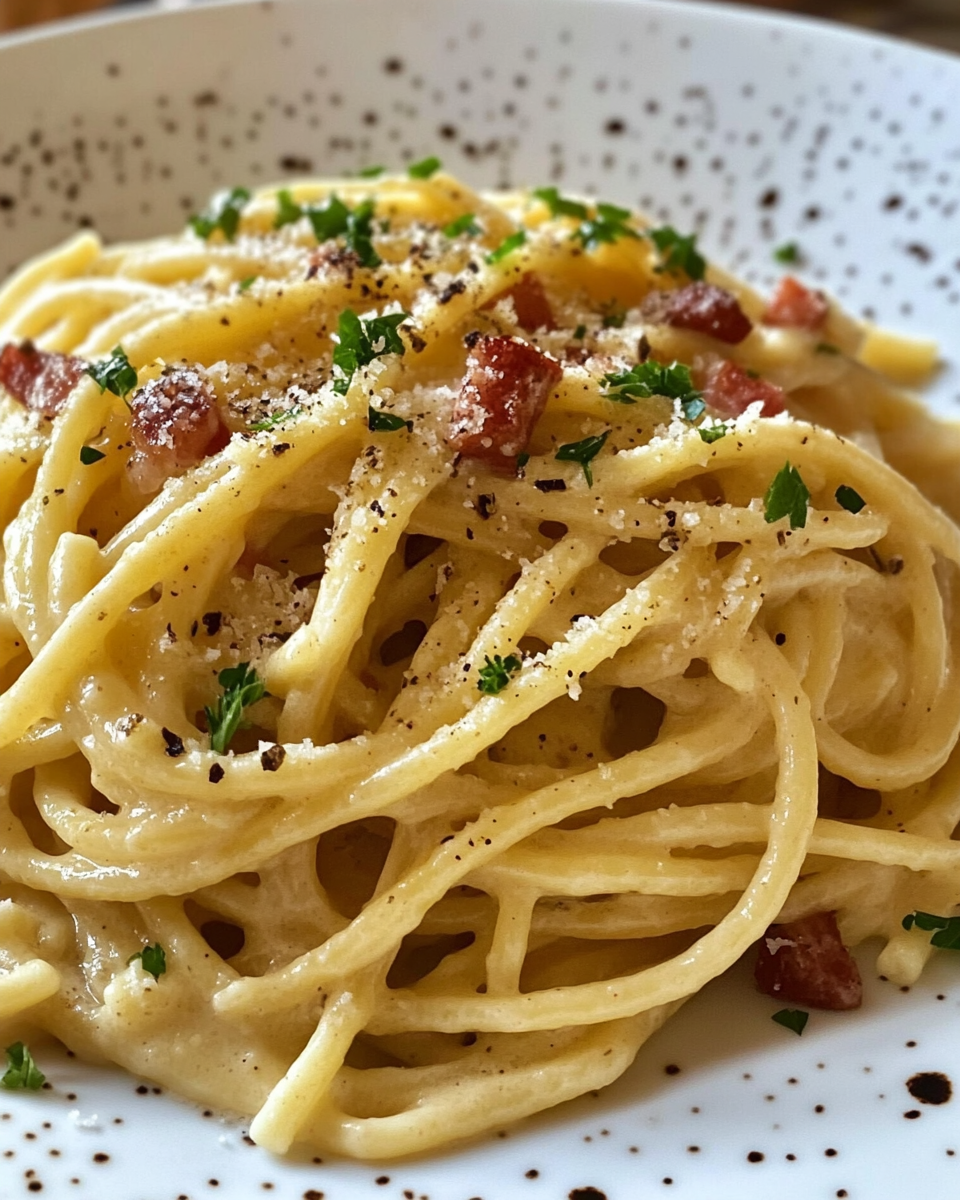 Creamy spaghetti carbonara with guanciale