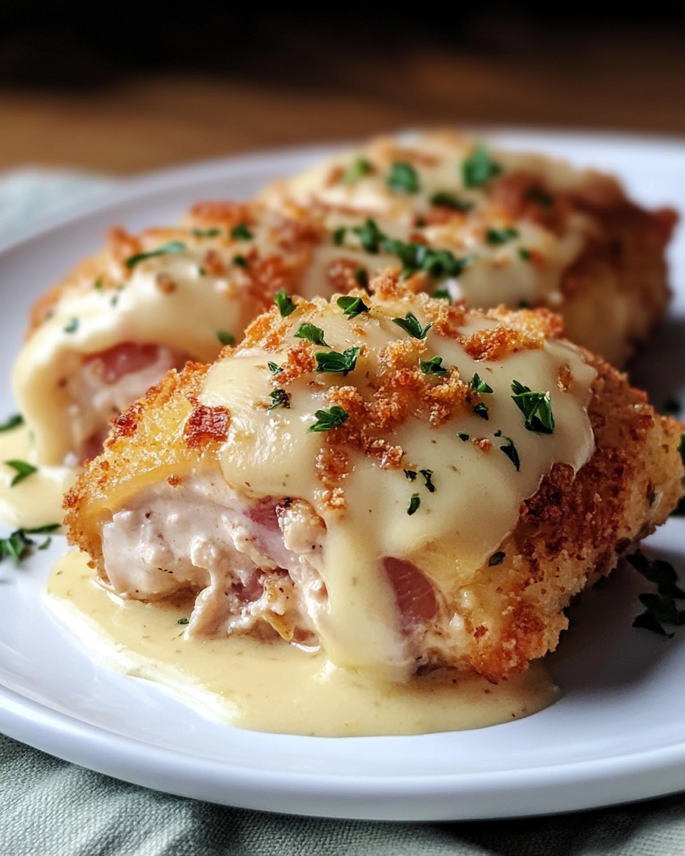 Step-by-step process of making creamy chicken cordon bleu casserole.