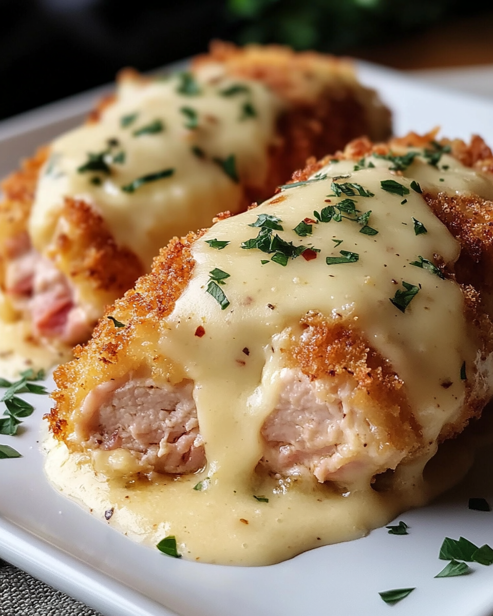 Creamy chicken cordon bleu casserole served and ready to enjoy.