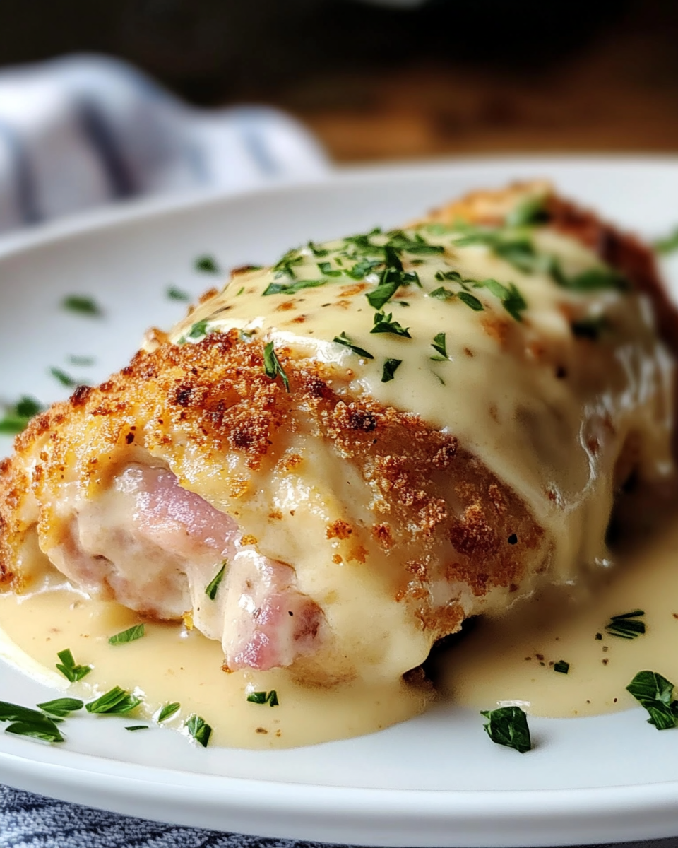Close-up of creamy chicken cordon bleu casserole fresh out of the oven.