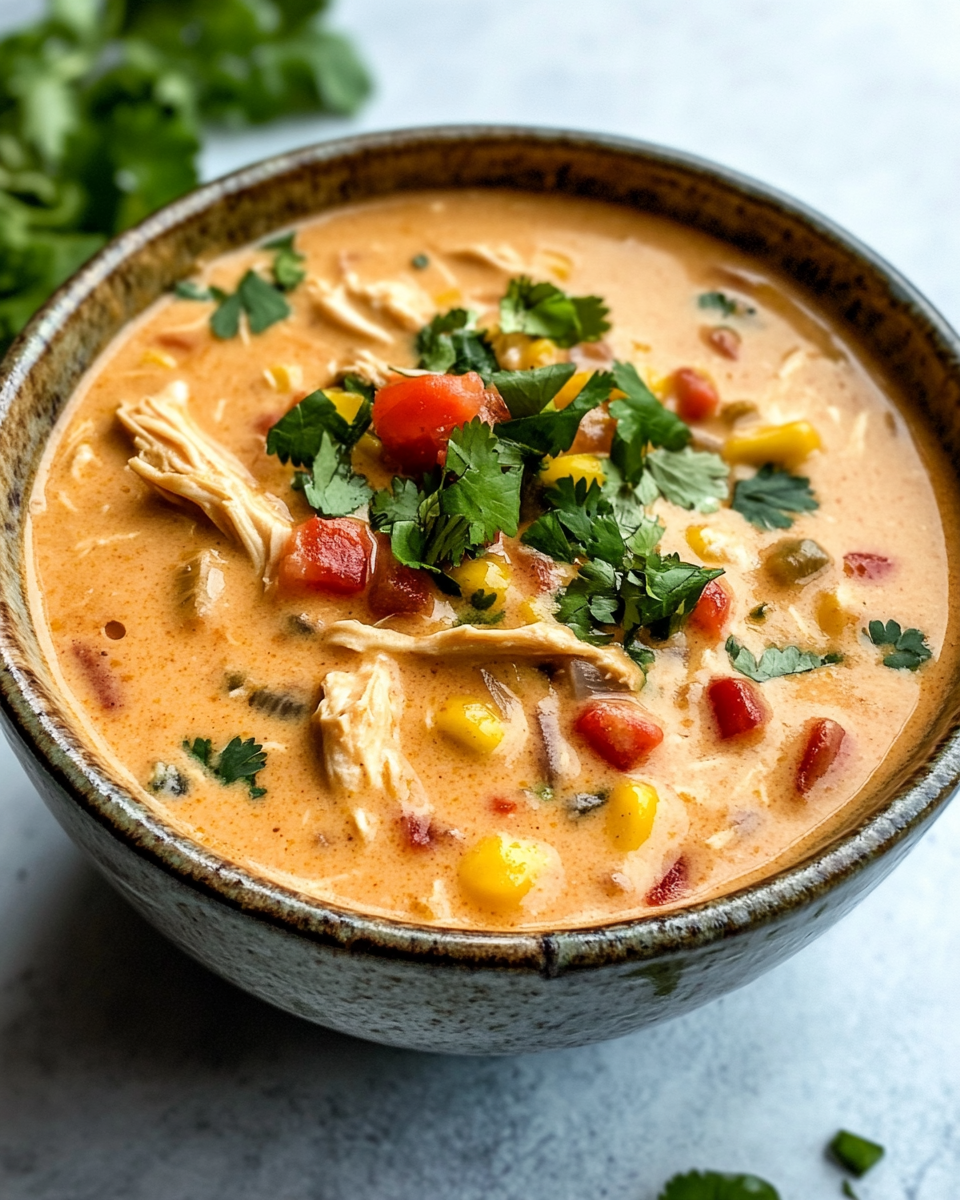 Bowl of chicken enchilada soup topped with cheese