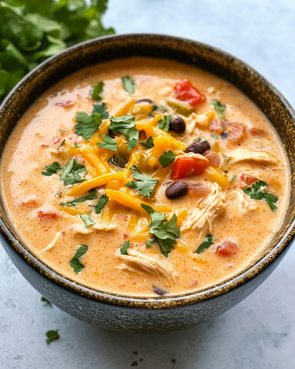 Creamy chicken enchilada soup in a bowl